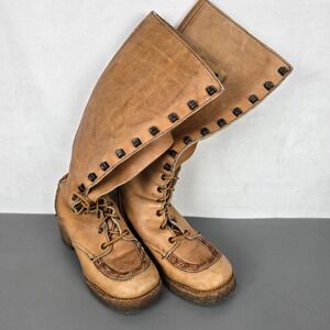 Vintage Zodiac Tan Leather Lace Up Tall Boots Braided Trim Womens Size 5.5 M